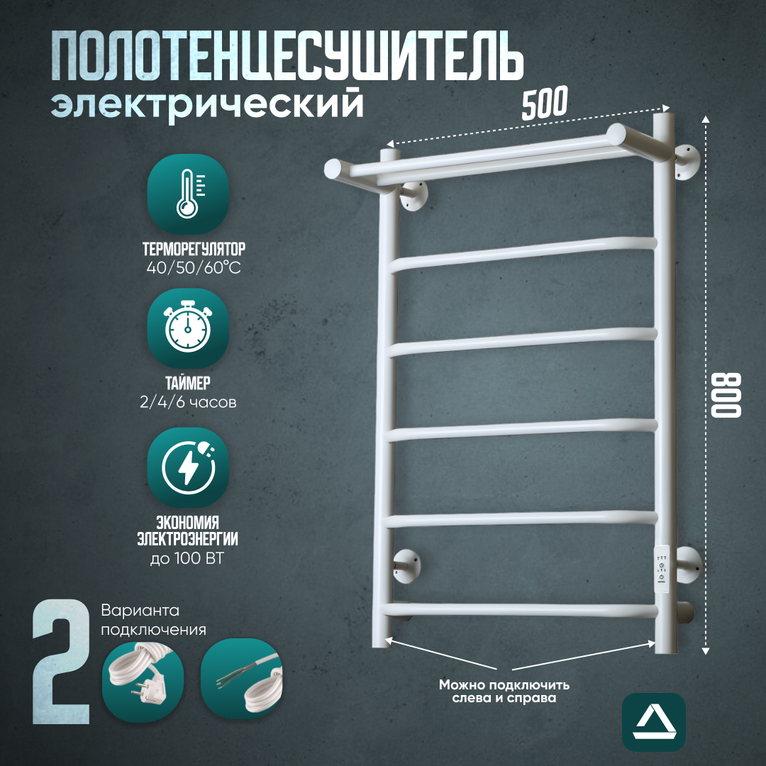 Полотенцесушитель электрический TermoPrime 500мм 800мм белый матовый, форма лесенка с полкой подключение слева / справа/ скрытое/ кабель с вилкой