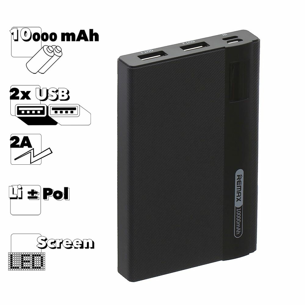 Внешний аккумулятор (Powerbank, АКБ) Remax Linon Pro RPP-53, 10000мАч, 2хUSB, 2А, Li-Pol, черный