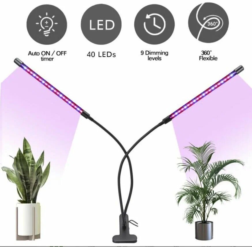 Фитолампа для растений 3 режима свечения 2 светодиодных светильника для растений, фитосветильник на прищепке, фито лампа для рассады - фотография № 2