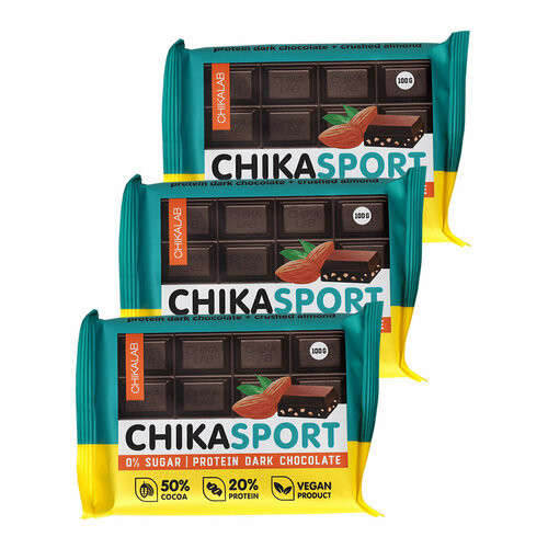 CHIKA SPORT Протеиновый Темный шоколад с миндалем без сахара, 3х100г