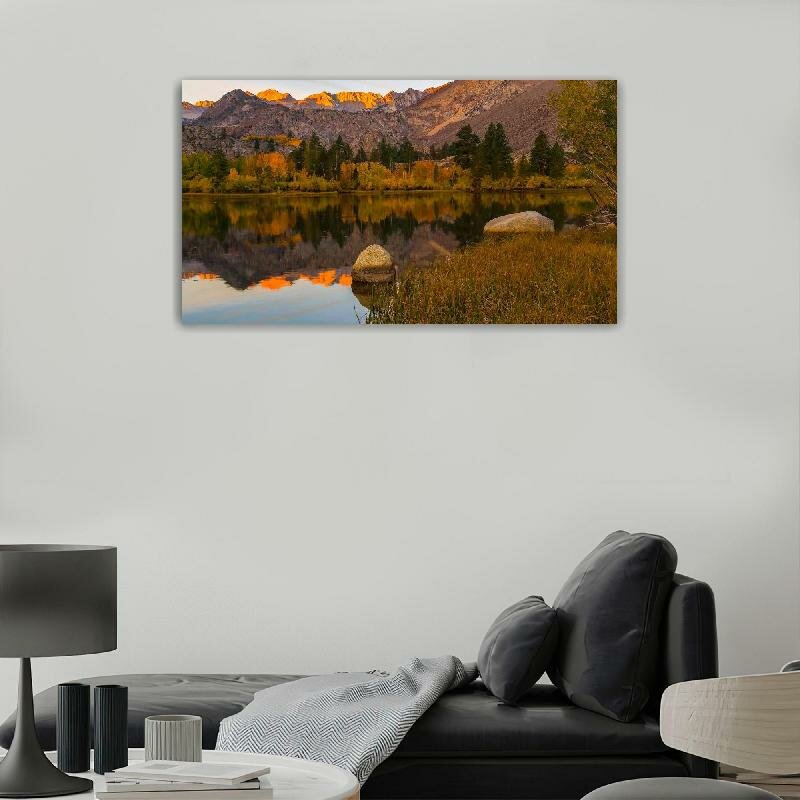 Картина на холсте 60x110 LinxOne "Озеро деревья горы камни" интерьерная для дома / на стену / на кухню / с подрамником