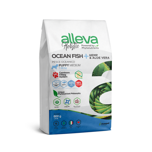 Alleva Holistic Puppy/Junior Ocean Fish Medium сухой корм для щенков средних пород с океанической рыбой, коноплей и алое вера 800 г