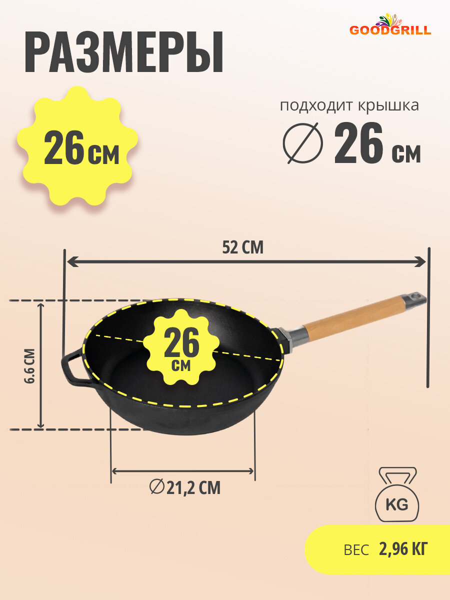 Сотейник чугунный GOODGRILL 26х6,6см с крышкой и со съемной ручкой — фото 1