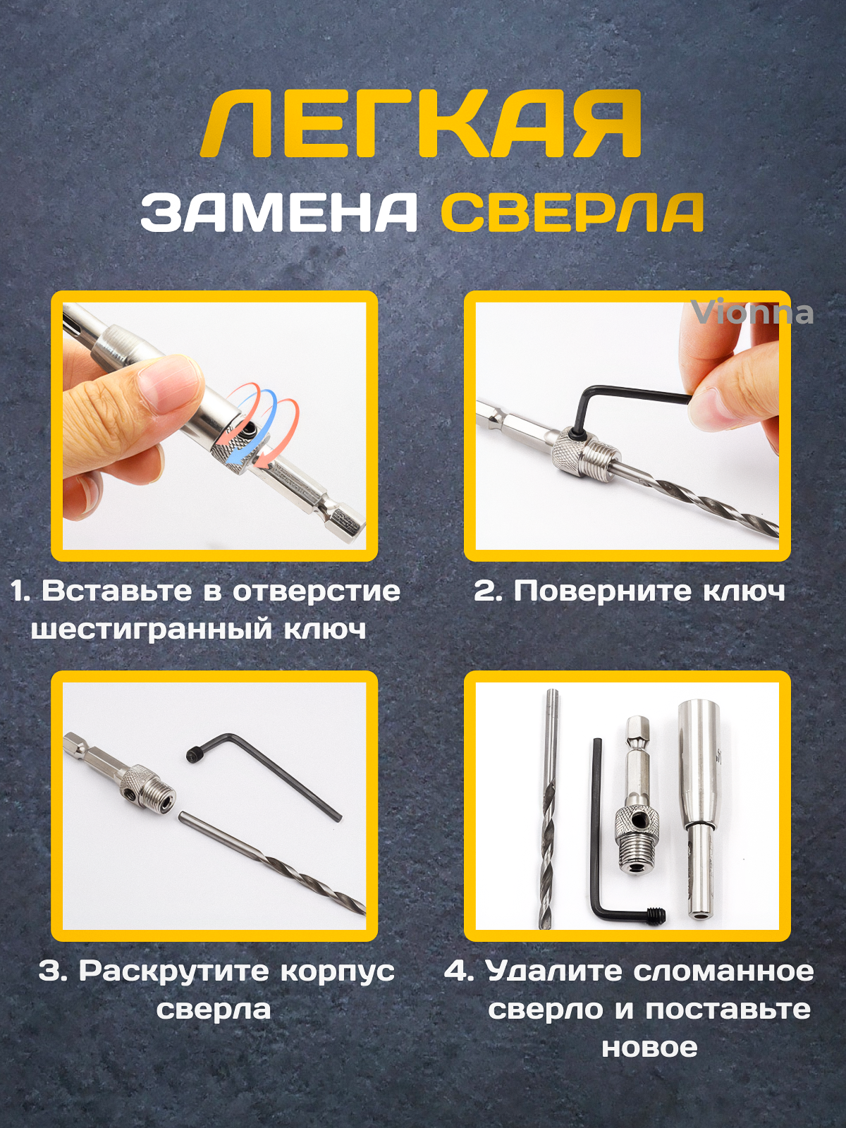 Набор инструментов сверла по дереву (4 штуки). Набор самоцентрирующихся сверл по дереву для мебельных, дверных и оконных петель с шестигранным хвостовиком для шуруповерта и дрели — фото 1