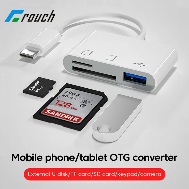 Картинки 3-в-1 USB C Card Reader Внешний U-диск SD TF Карта памяти Чтение для Samsung Xiaomi Телефон ПК Ноутбук Аксессуары OTG Конвертер, White