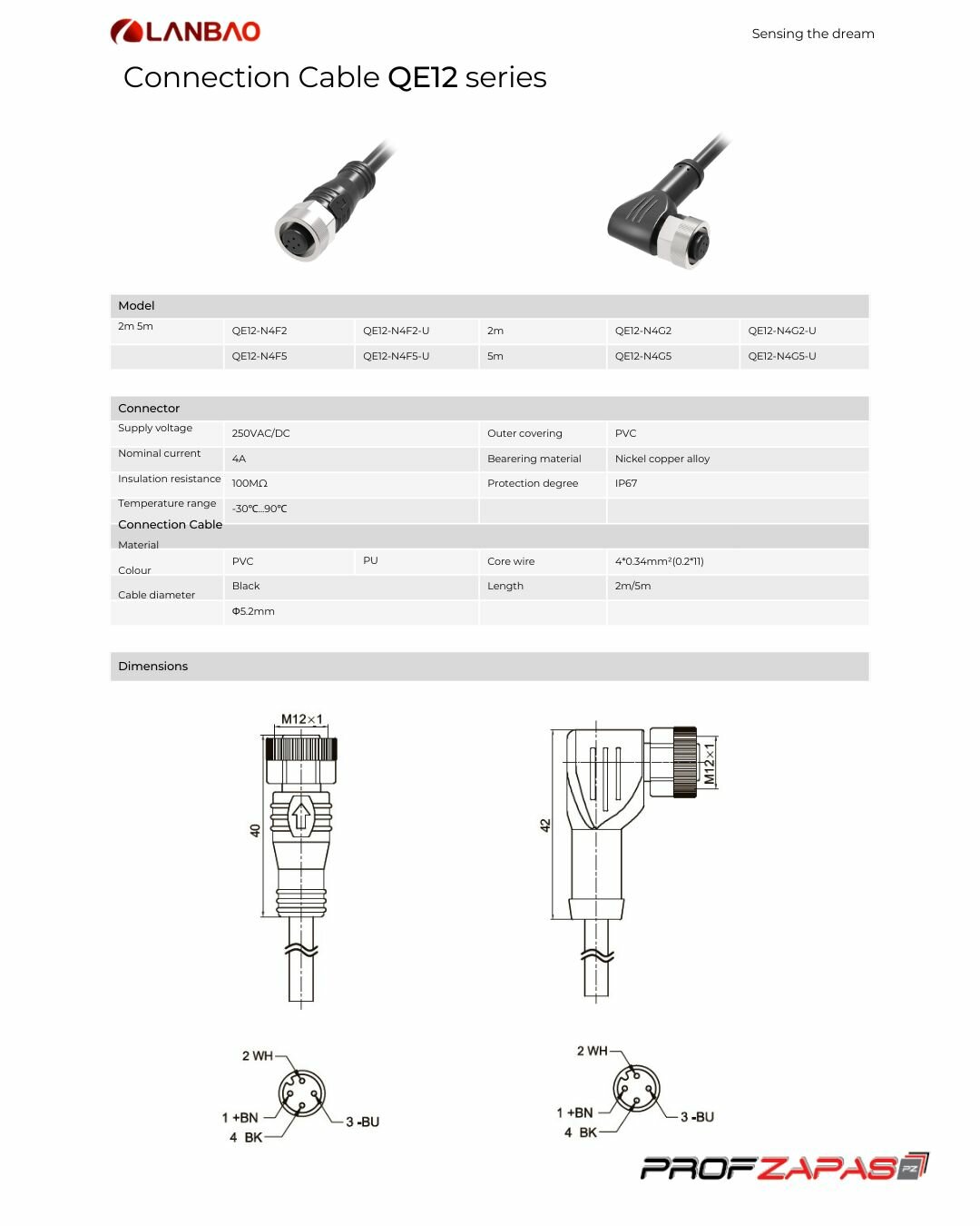QE8-N4F2 Lanbao монтажный провод для датчика M8, мама, прямой, 4 pin, кабель 2M (YF8U14-020VA3XLEAX) — фото 1