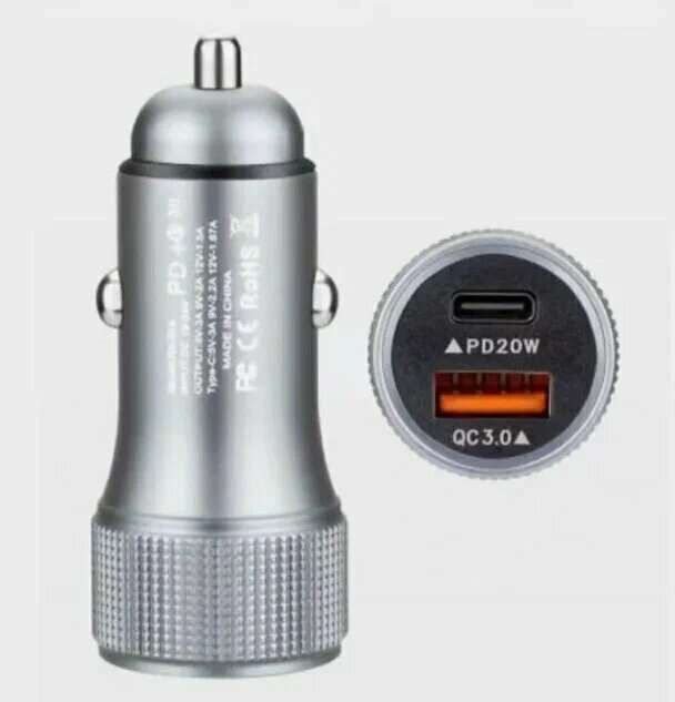 Зарядное устройство для авто в прикуриватель 2в1 USB Type c 5в 20W