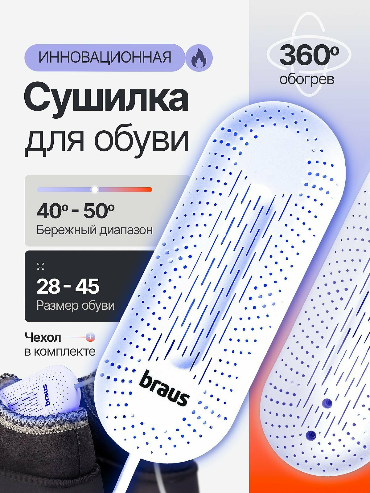 Сушилка для обуви электрическая с ультрафиолетом, колодка-вкладыш для женской мужской и детской обуви BRAUS