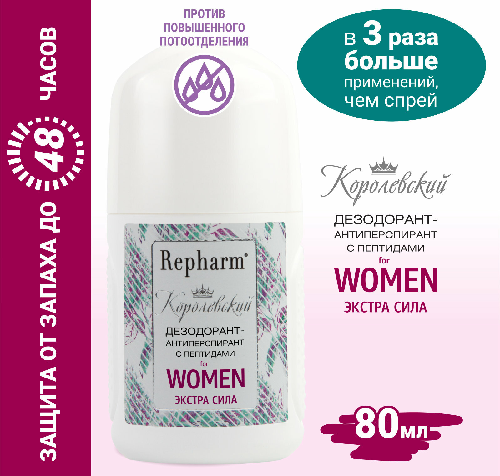 Дезодорант-антиперспирант Repharm Королевский Экстра сила 80 мл с пептидами for women