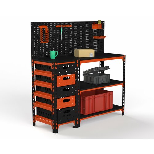 Стол-верстак Metalex c одной тумбой 950х1600х600 + перфопанель с комплектом аксессуаров (оранжево-чёрный)