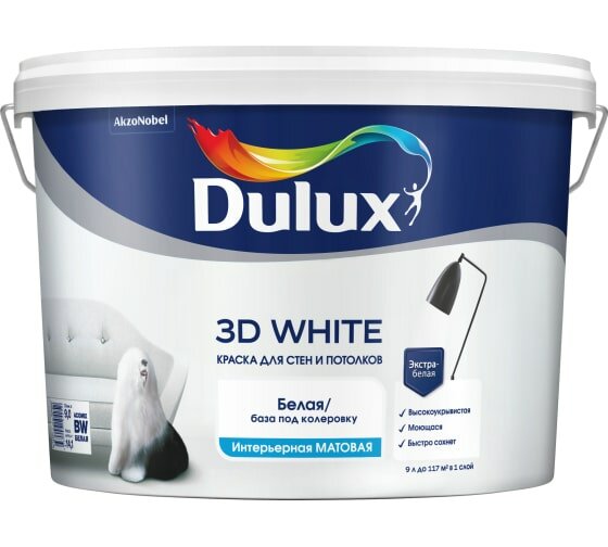 DULUX 3D WHITE краска для стен и потолков, ослепительно белая, матовая, база BW (5л)