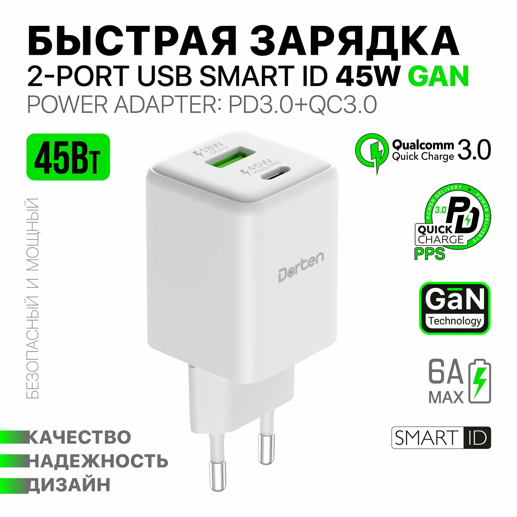 Быстрая зарядка для iphone и для samsung Dorten 2-Port USB Smart ID 45W Gan Power Adapter: PD3.0/PPS + QC3.0 - White/Белый