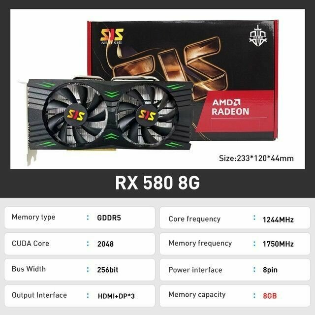 SJS Видеокарта AMD Radeon 580 8G 256Bit GDDR58G 256Bit GDDR5 AMD GPU графические карты для геймеров Radeon 580 Radeon 8 ГБ