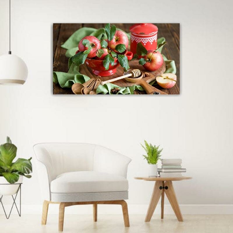 Картина на холсте 60x110 Альянс Лес "Yabloki krasnye kapli frukty" на подрамнике / интерьер/ декор