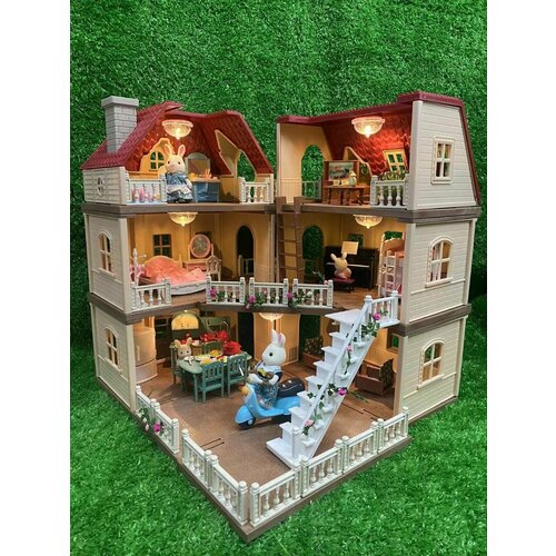 Кукольный дом большой с мебелью, куклами-питомцами, с подсветкой (со светом), новый игровой набор Santomle families