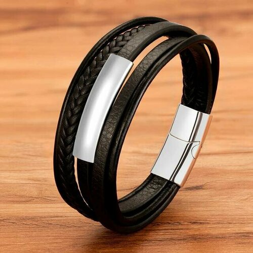 фото Жесткий браслет handinsilver ( посеребриручку ) браслет мужской кожаный 8332, металл, размер 21 см, серебряный