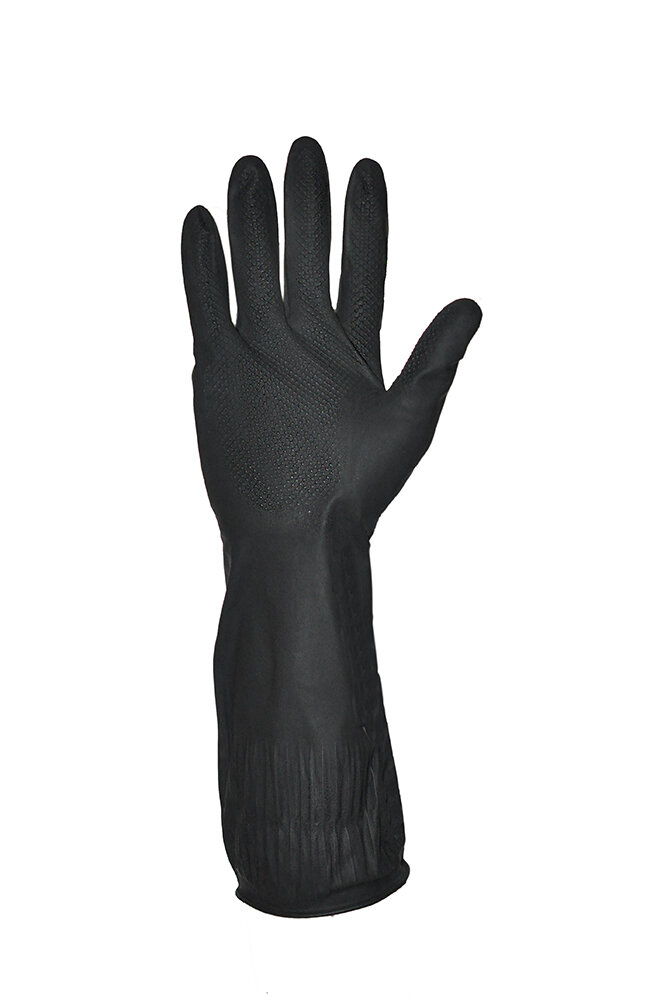 Перчатки хозяйственные латексные с добавлением хлопкового волокна. рифленая поверхность, удлиненная манжета, особо прочные, Black (черный), 400 мм. L