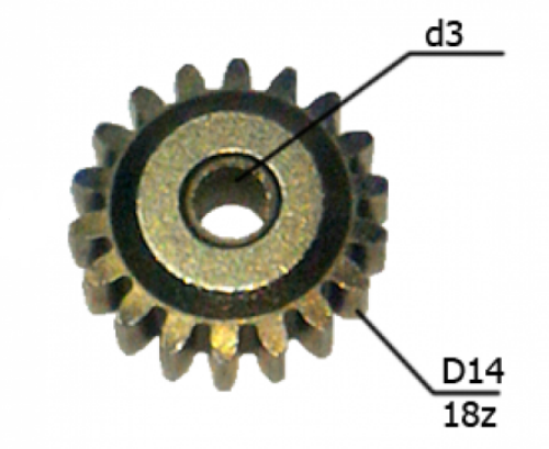 Шестерня двигателя шуруповерта (19) внутр. d 3мм внеш. d 14мм высота 68мм 18 зубов