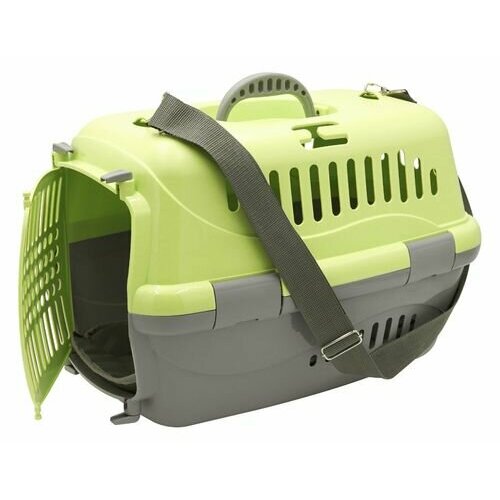 16223 зооэкспресс Переноска д/животных Турне M с пластиковой дверцей (коврик + ремень), зеленая 32х3