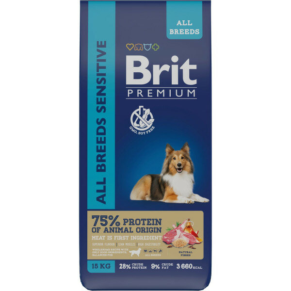 Сухой корм BRIT Premium ALL Breeds Sensitive Natural Fibres для взрослых собак всех пород с чувствительным пищеварением, с ягненком и идейкой 15 кг