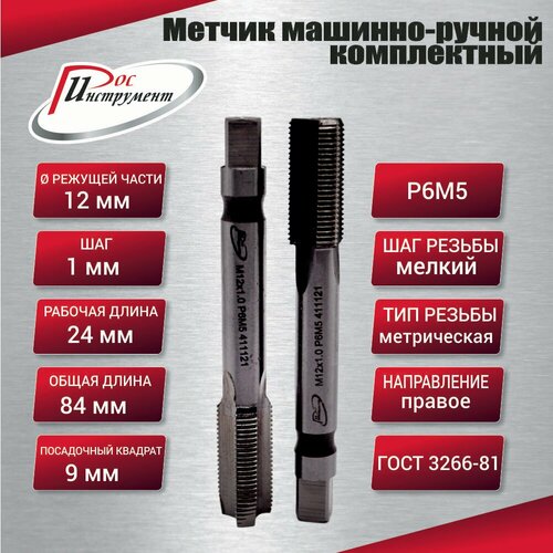 Метчик машинно-ручной М 12,0 х 1,0 комплектный 2 шт. ГОСТ 3266-81 Р6М5