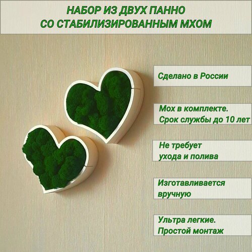 Декоративное панно - кашпо Agiliti на стену со мхом / Сердечки 20 см / молочные белый