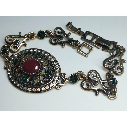 фото Браслет-цепочка гранатовый браслет, стразы, размер 21.5 см, размер xl, диаметр 7.5 см, золотой, зеленый ручная работа