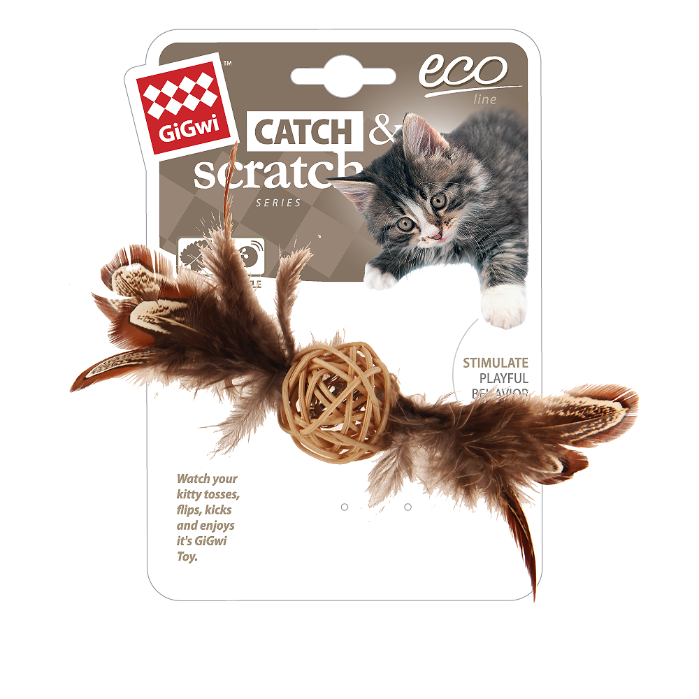 Мячик для кошек GiGwi Catch & Scratch ECO с колокольчиком и пером (75438), коричневый/бежевый, 1шт.