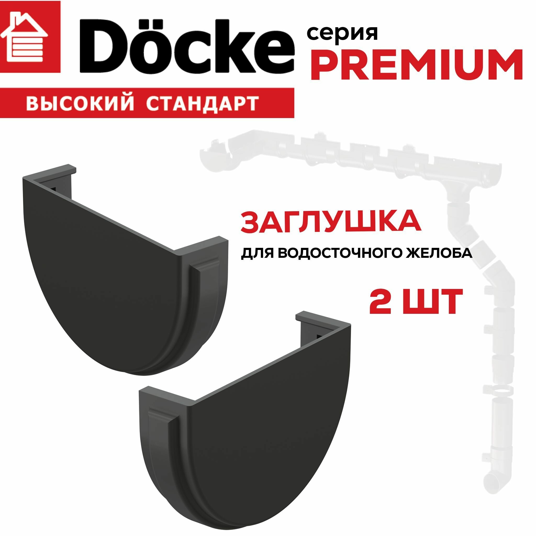 Заглушка водосточного желоба Docke Premium, ПВХ, цвет графит, 2 шт.