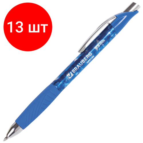 Комплект 13 шт, Ручка гелевая автоматическая с грипом BRAUBERG Jet Gel, синяя, печать, узел 0.6 мм, линия письма 0.4 мм, 142690