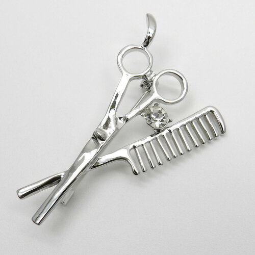 брошь значок металлическая брошка на булавке серебристые ножницы подарок для швеи для парикмахера Брошь Blucome Мастера-парикмахера, стразы, серебряный