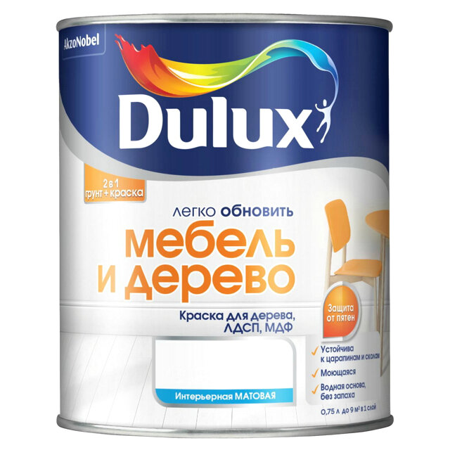 Краска в/д dulux мебель и дерево база bс 0,75л бесцветная арт.5327293