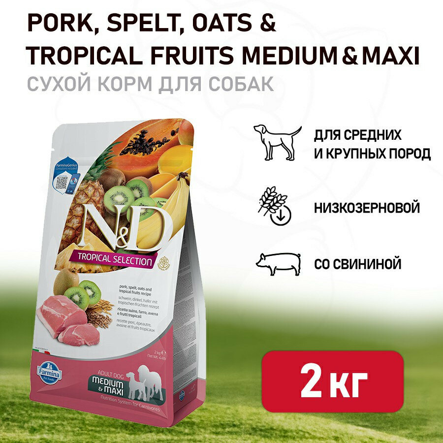Сухой корм Farmina N&D TROPICAL DOG, PORK ADULT MEDIUM&MAXI, низкозерновой корм для взрослых собак средних и крупных пород, Свинина и Тропические фрукты, 2 кг