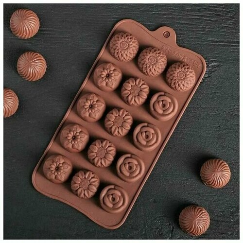 Силиконовая форма для льда и кондитерских украшений Клумба цветов 205x105x15 см силикон 15 ячеек 210₽