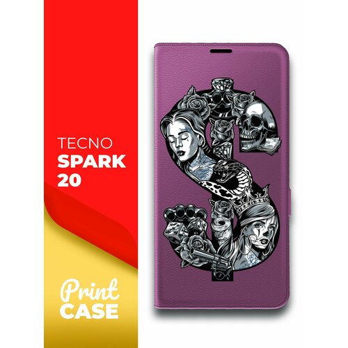 Чехол на Tecno Spark 20 (Техно Спарк 20) фиолетовый книжка эко-кожа подставка отделением для карт и магнитами Book Case, Miuko (принт) Доллар тату чехол на tecno spark 20 техно спарк 20 фиолетовый книжка эко кожа подставка отделением для карт и магнитами book case miuko принт корги косточка