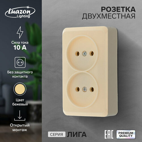 Розетка двухместная Luazon Lighting Лига, 10 А, накладная, без з/к, бежевая