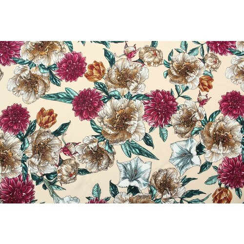 Ткань Вискоза плательная цветы на кремовом фоне, ш142см, 0,5 м