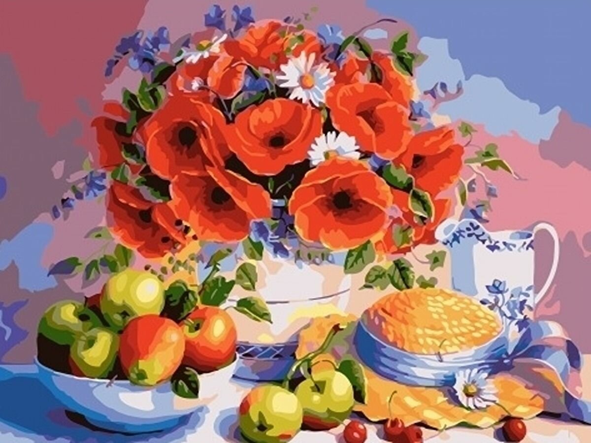 Картина раскраска по номерам на подрамнике на холсте 40*50 см "Натюрморт с маками и яблоками"