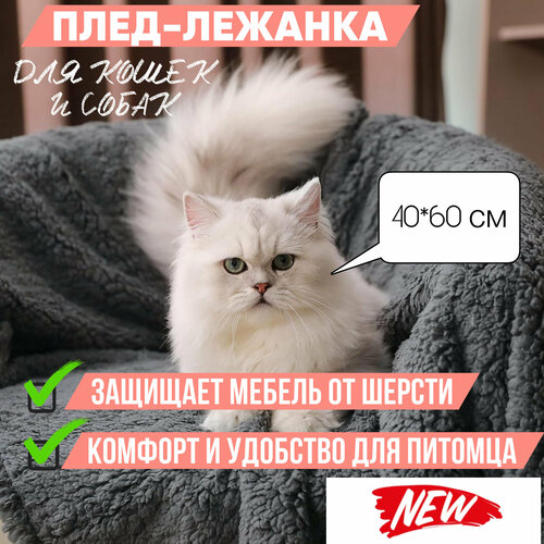 Мягкий плед-лежанка для собак и кошек Мохнатик , подстилка 40*60 см в лежанку, на диван, в поездку, серый