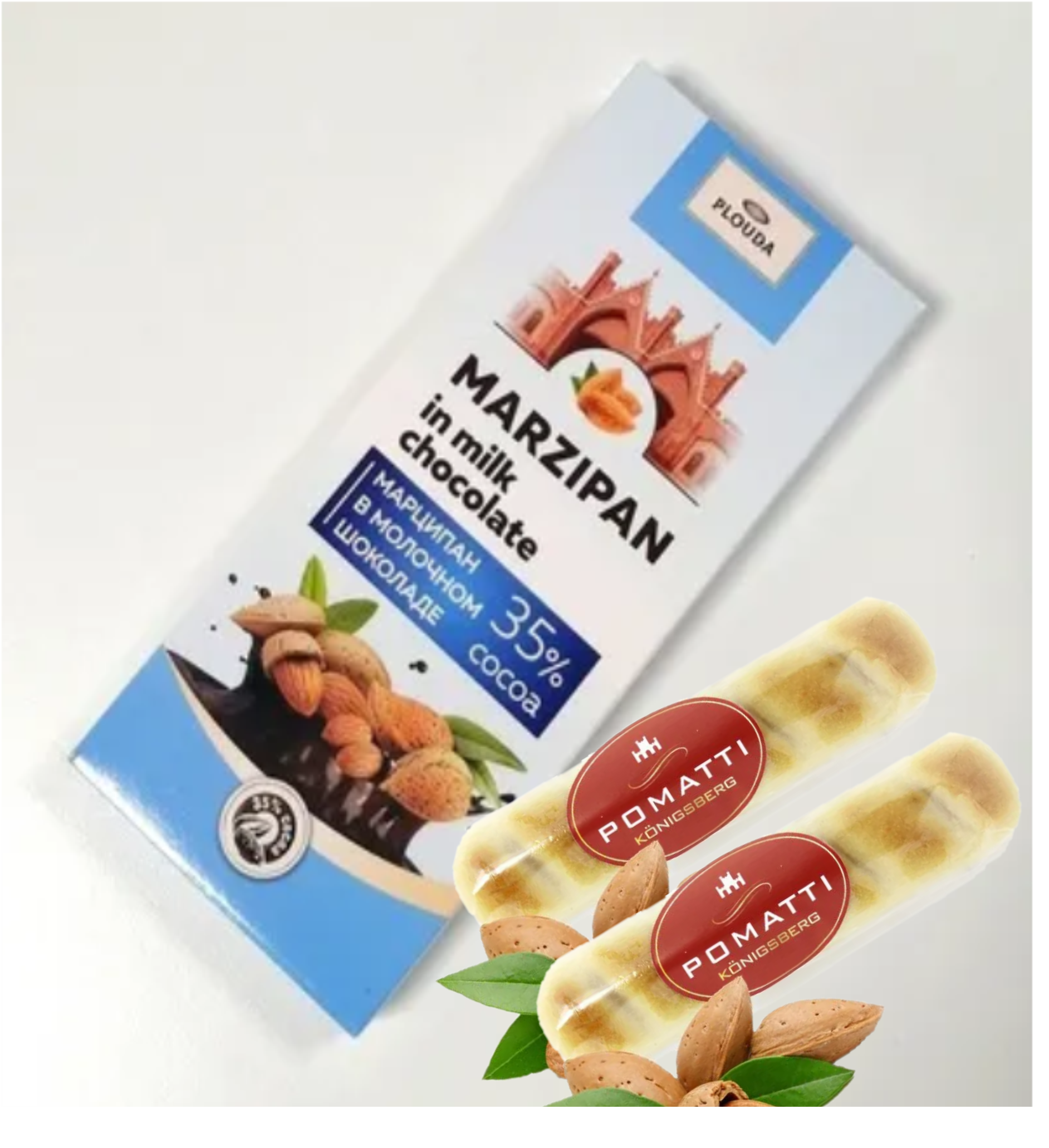 Набор: Марципановые конфеты в молочном шоколаде Pomatti, 85гр + 2 батончика на 35 гр