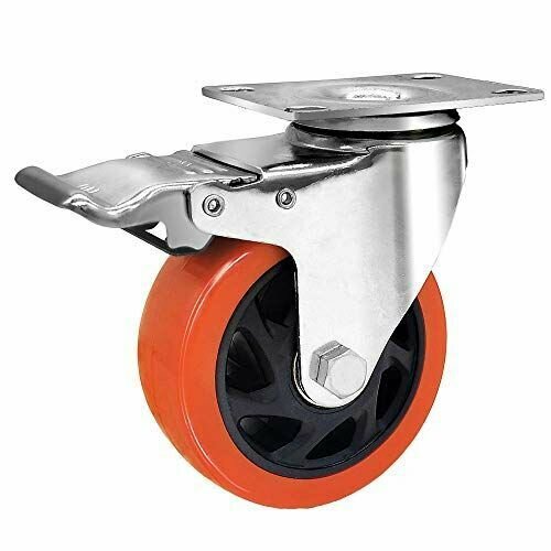 Колесо поворотное с тормозом с оранжевой резиной, 65 мм