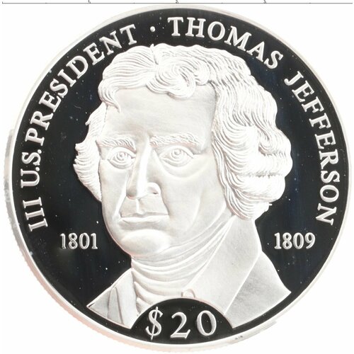 Клуб Нумизмат Монета 20 долларов Либерии 2000 года Серебро Томас Джефферсон