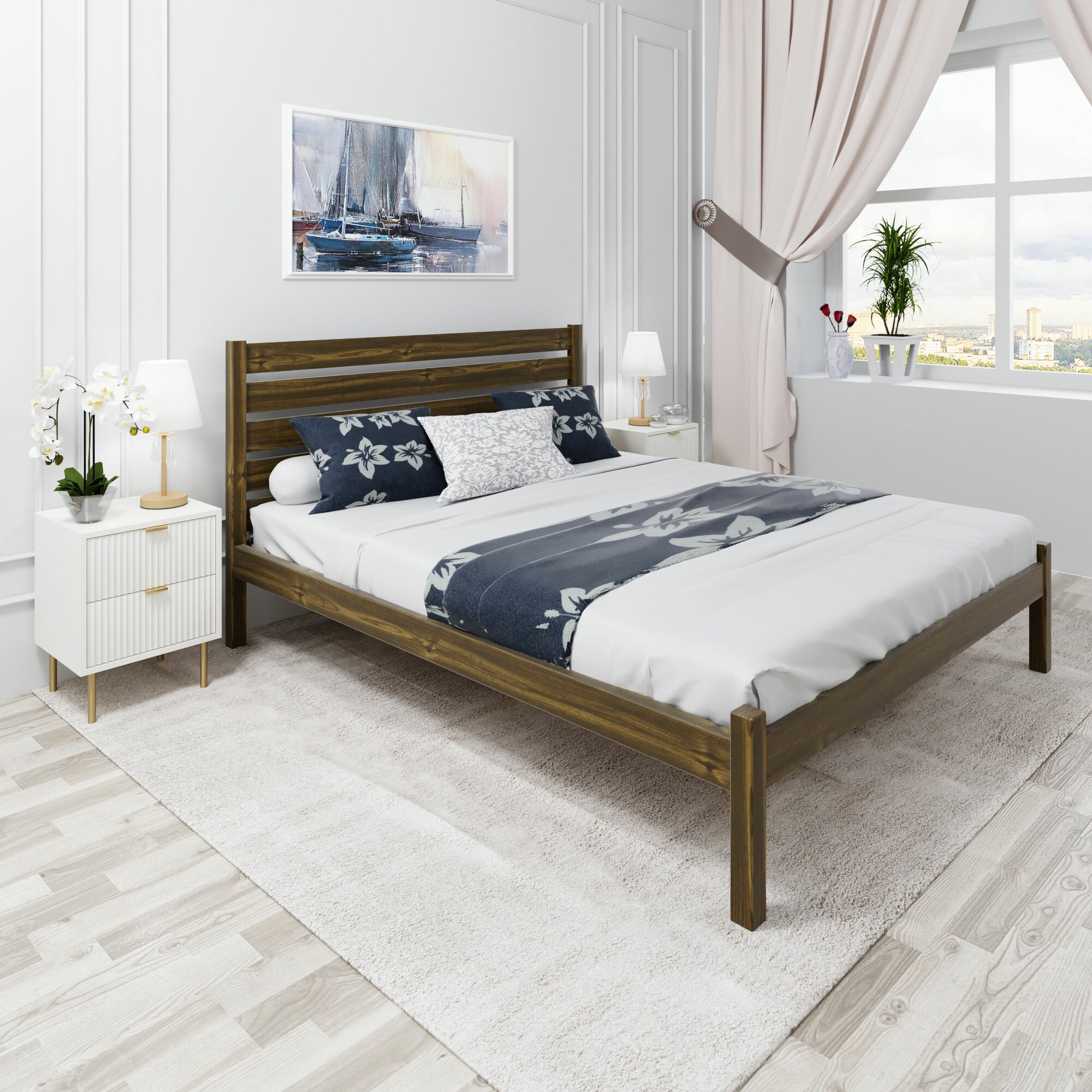 Кровать двуспальная Классика из массива сосны с высокой спинкой и реечным основанием, 200х180 см (габариты 210х190), цвет темного дуба