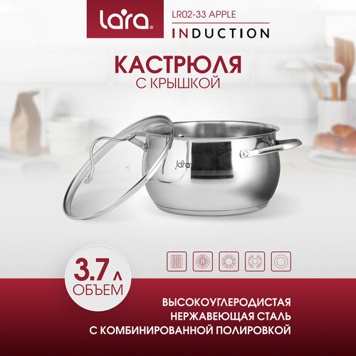 Кастрюля LARA LR02-33 APPLE, 3.7л, d20 см из нержавеющей стали, для всех типов плит.