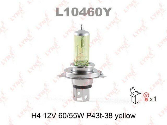 Лампа галогеновая H4 LYNXauto 12V 60/55W P43T-38 YELLOW L10460Y