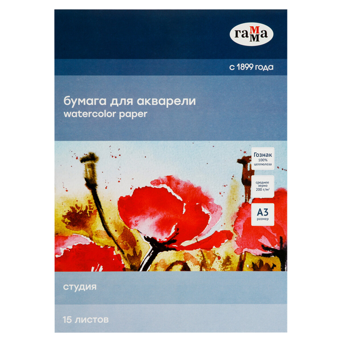 Папка для акварели, 15л, А3 Гамма Студия, 200г/м2, среднее зерно, 30C03F715W/346938