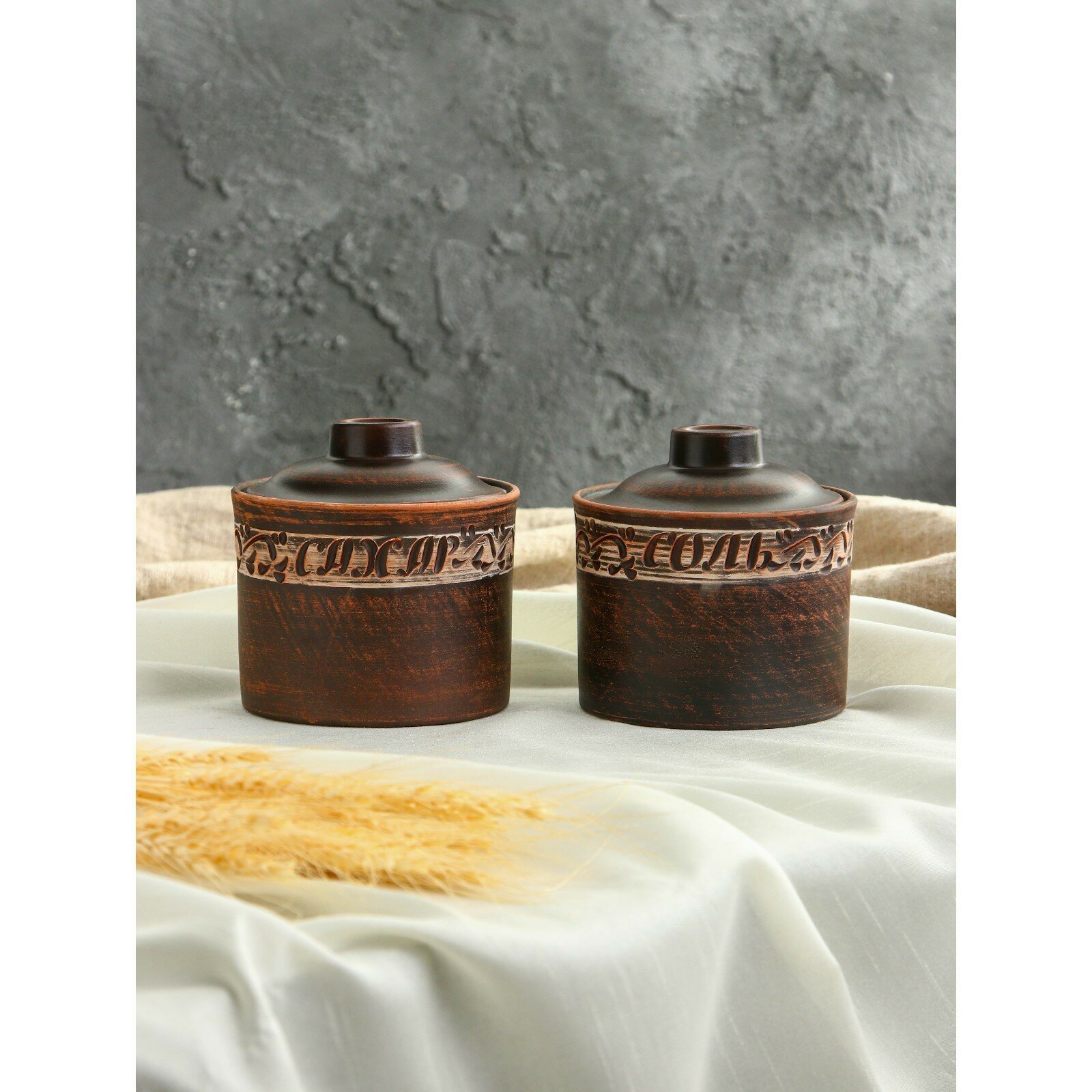 фото Набор для специй "Баночки", 2 предмета, ангоб, красная глина, 0.7 л