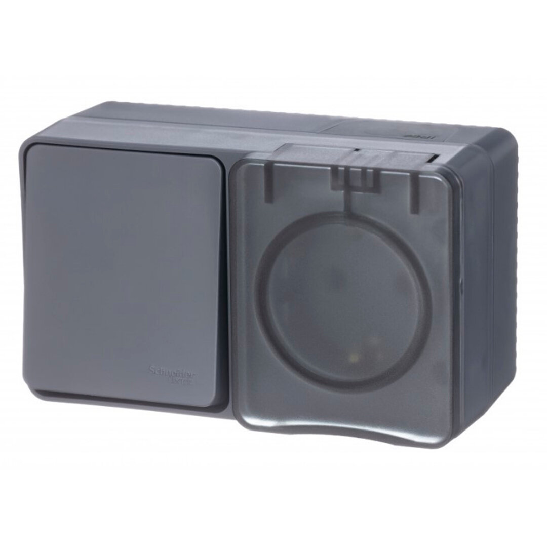 AtlasDesign PROFI IP54 О/У блок: РОЗ. з/к со шт. 16А, выкл.1-клав.10А, антрацит