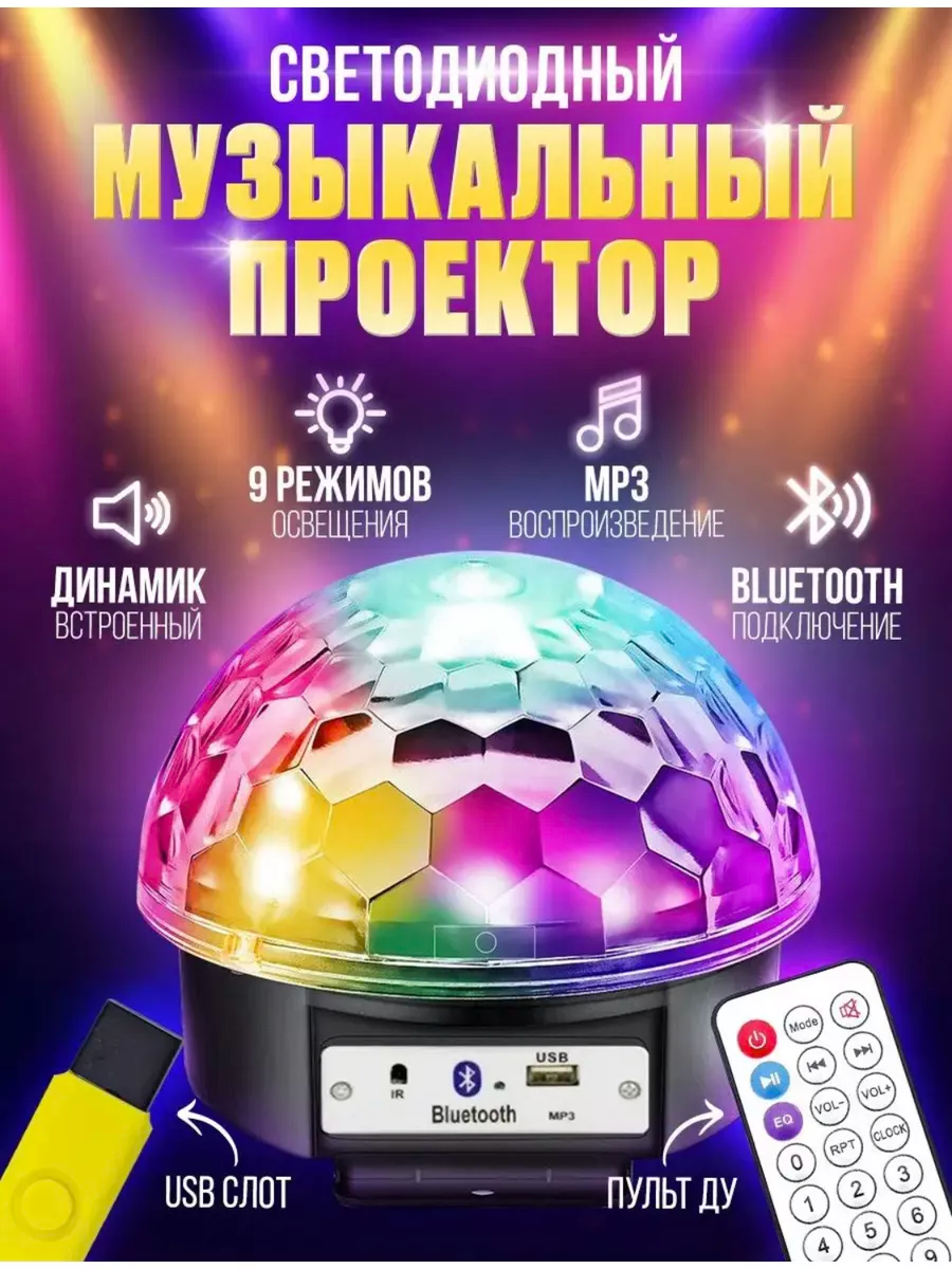 Диско шар проектор светодиодный , LED RGB светомузыка для вечеринки и танцев, управление с пульта