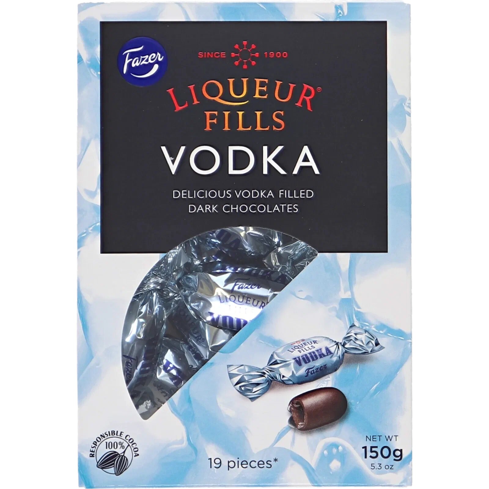 Конфеты Fazer "Liqueur Fills Vodka" из темного шоколада с алкогольной начинкой, 150г (Из Финляндии) — фото 1